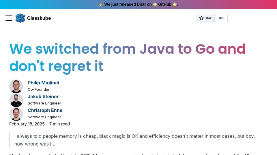 Screenshot of glasskube.dev: One year after switching from Java to Go