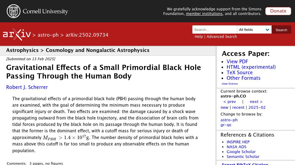 Screenshot of arxiv.org: Gravitational Effects of Small Primordial Black Hole Passing Through Human Body