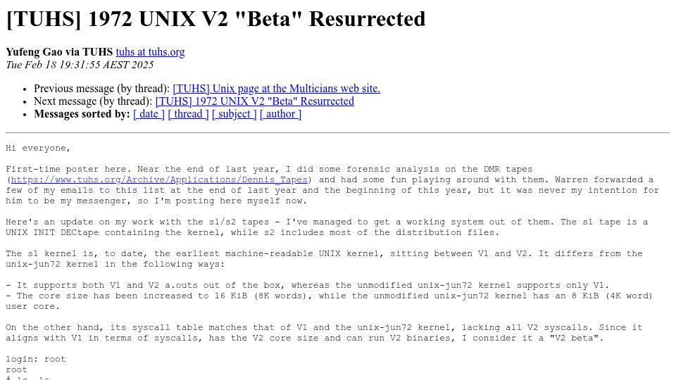 Screenshot of tuhs.org: 1972 Unix V2 "Beta" Resurrected