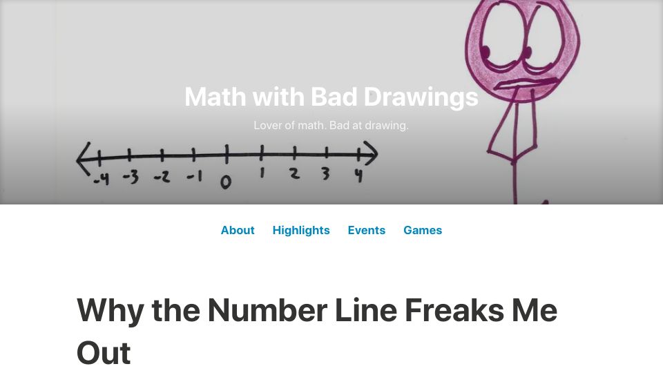 Screenshot of mathwithbaddrawings.com: The number line freaks me out (2016)