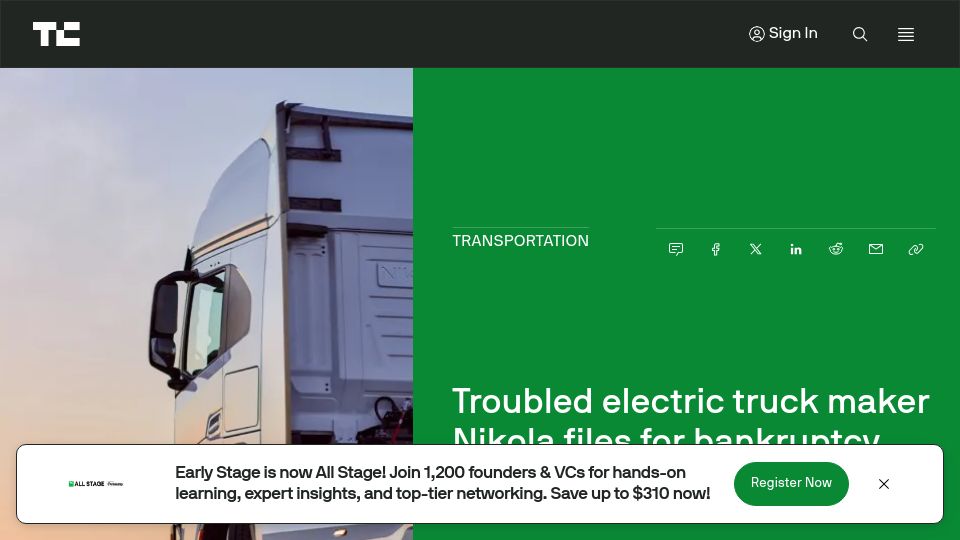 Screenshot of techcrunch.com: Troubled electric truck maker Nikola files for bankruptcy