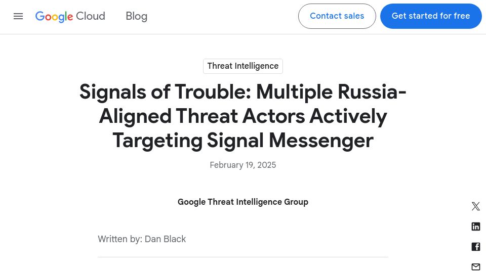 Screenshot of cloud.google.com: Multiple Russia-aligned threat actors actively targeting Signal Messenger