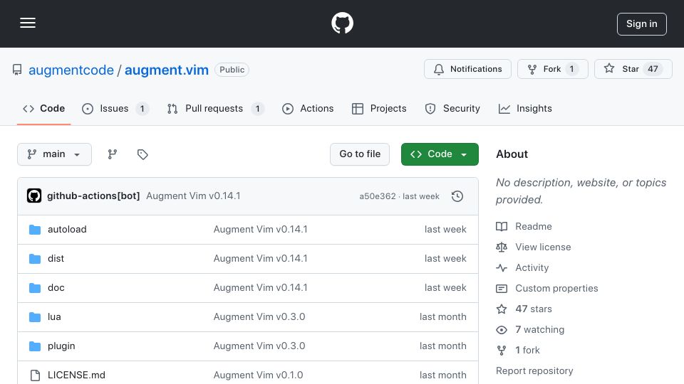 Screenshot of github.com: Augment.vim: AI Chat and completion in Vim and Neovim