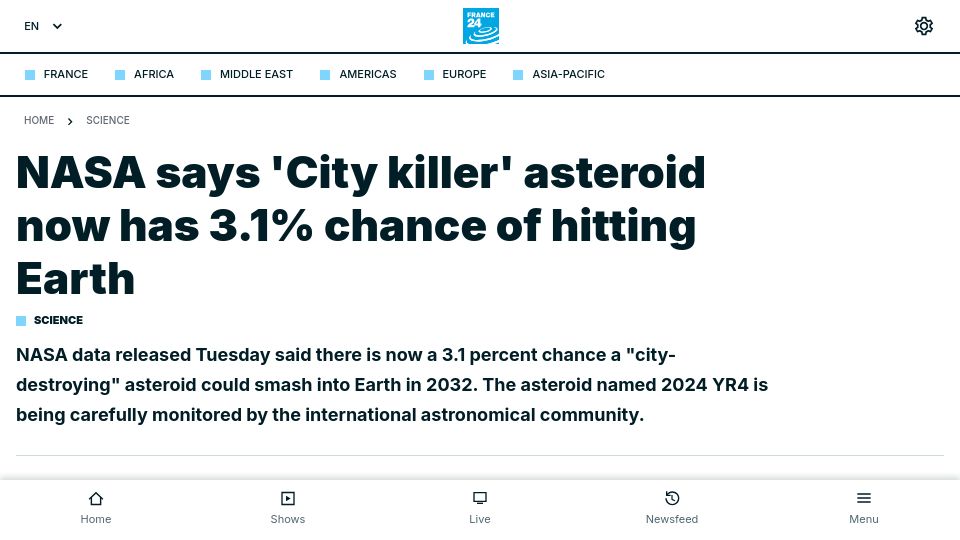 Screenshot of france24.com: NASA says 'City killer' asteroid now has 3.1% chance of hitting Earth
