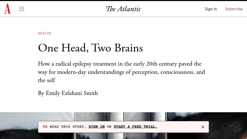 Screenshot of theatlantic.com: One Head, Two Brains: The origins of split-brain research (2015)