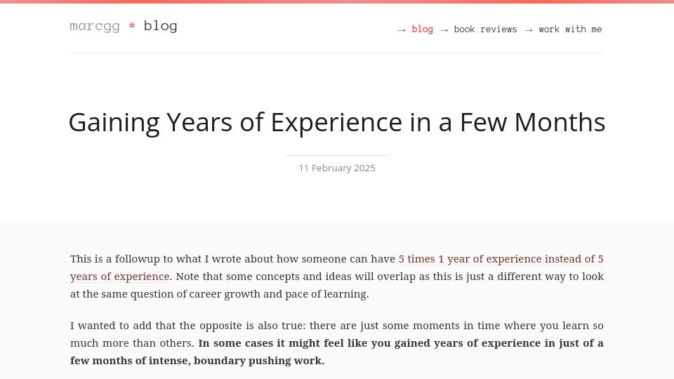 Screenshot of marcgg.com: Gaining Years of Experience in a Few Months