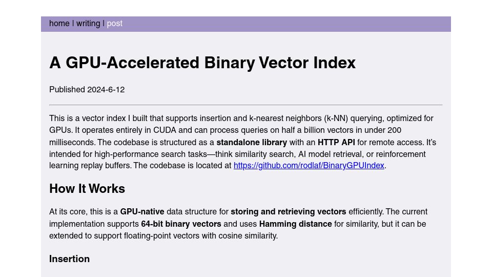 Screenshot of rlafuente.com: Show HN: A GPU-accelerated binary vector index