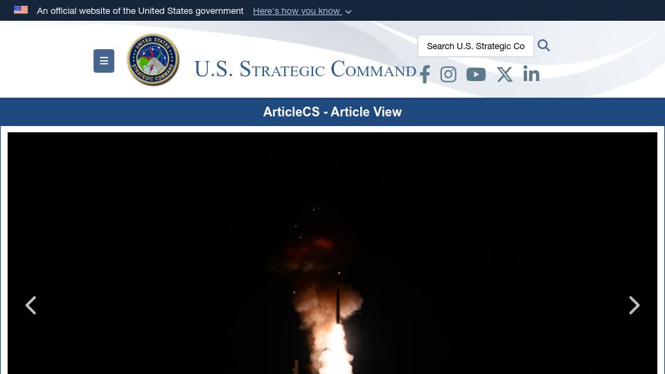 Screenshot of stratcom.mil: Minuteman III test showcases readiness of U.S. nuclear force's deterrent