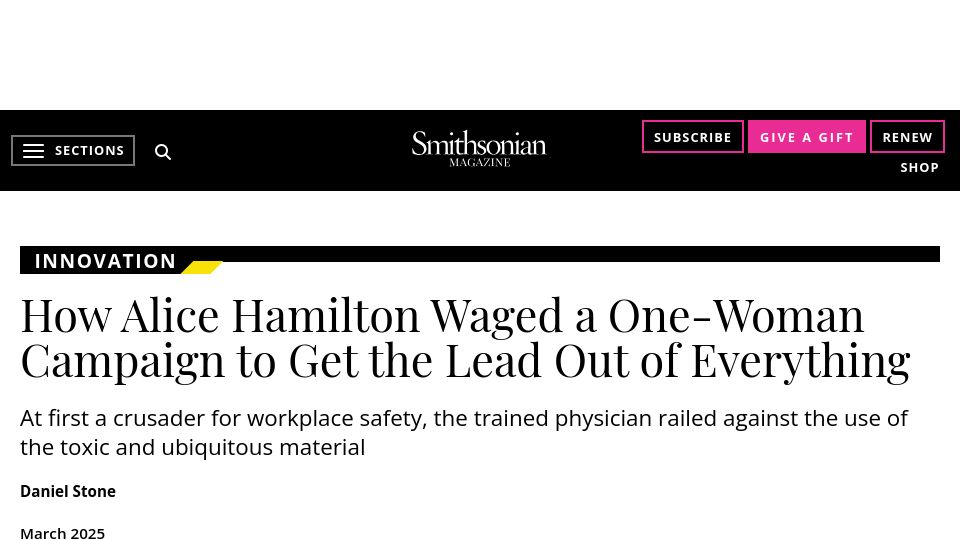 Screenshot of smithsonianmag.com: Alice Hamilton waged a one-woman campaign to get the lead out of everything