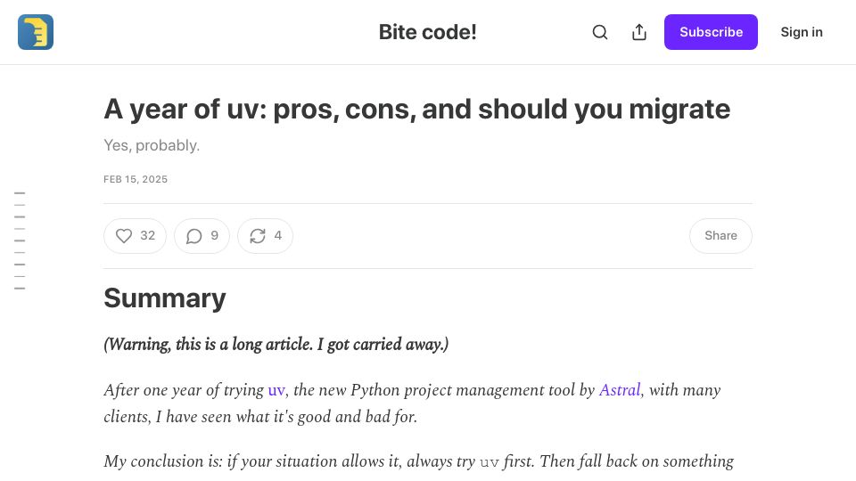 Screenshot of bitecode.dev: A year of uv: pros, cons, and should you migrate