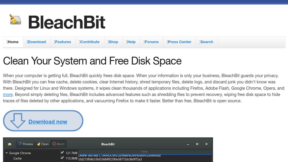 Screenshot of bleachbit.org: BleachBit is a free and open-source disk space cleaner