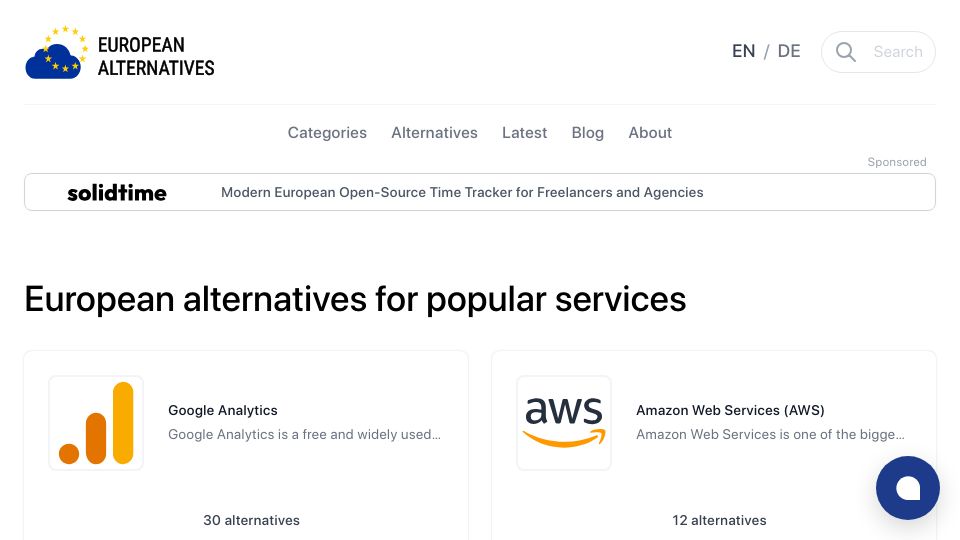 Screenshot of european-alternatives.eu: European Alternatives for Popular Services