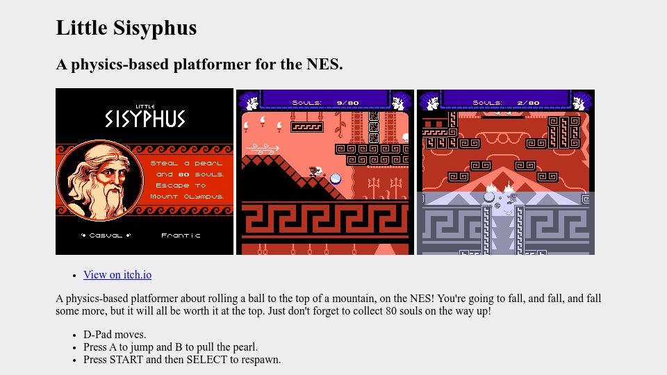Screenshot of pubby.games: Little Sisyphus A physics-based platformer for the NES