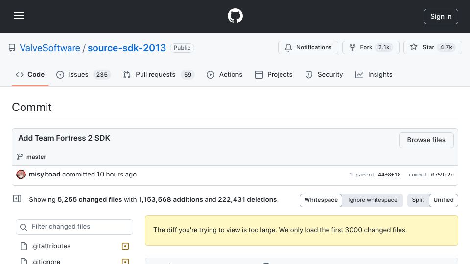 Screenshot of github.com: Valve releases Team Fortress 2 code