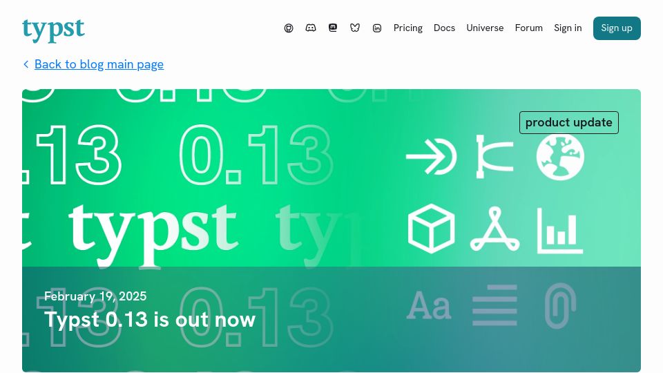Screenshot of typst.app: Typst 0.13 is out now