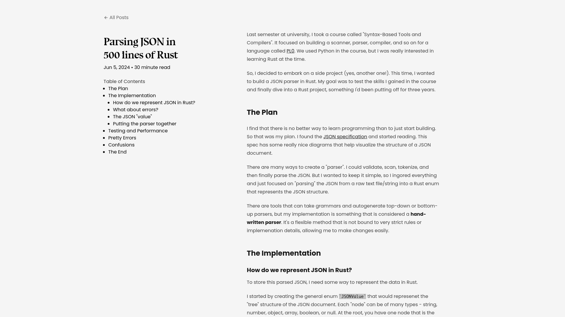 Screenshot of krish.gg: Parsing JSON in 500 lines of Rust