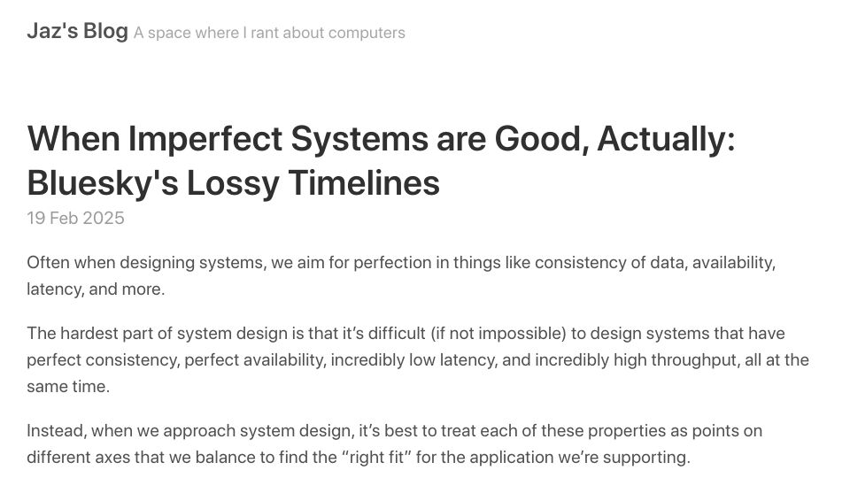 Screenshot of jazco.dev: When imperfect systems are good: Bluesky's lossy timelines