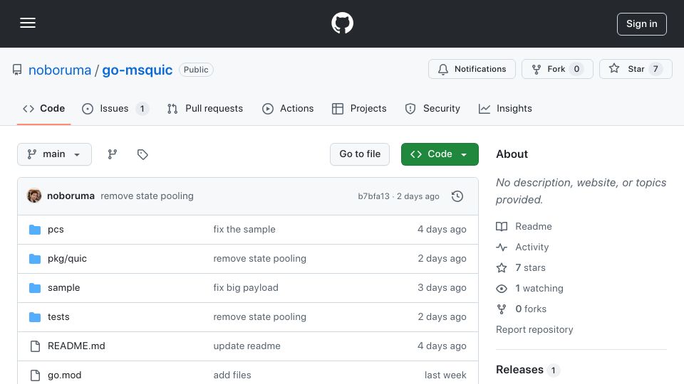 Screenshot of github.com: Go-msquic: A new QUIC/HTTP3 library for Go
