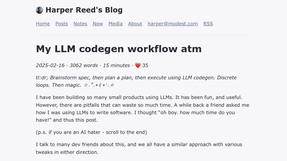 Screenshot of harper.blog: My LLM codegen workflow
