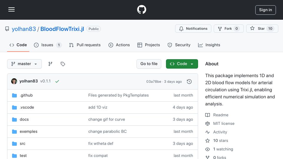 Screenshot of github.com: Bloodflowtrixi.jl – 1D and 2D blood flow models for arterial circulation