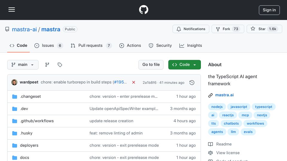 Screenshot of github.com: Show HN: Mastra – Open-source JS agent framework, by the developers of Gatsby