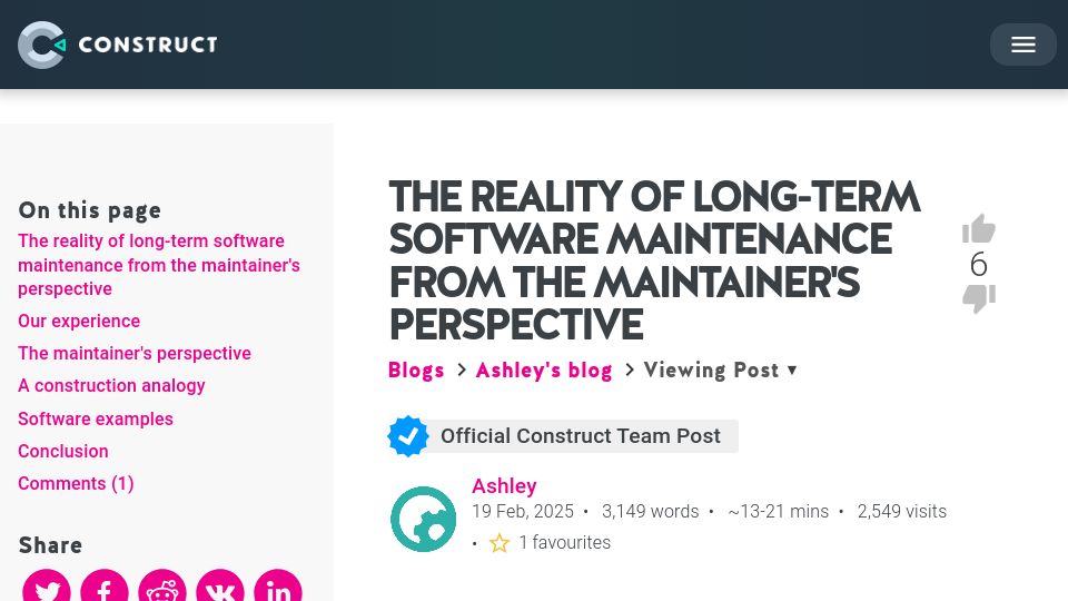 Screenshot of construct.net: The reality of long-term software maintenance from the maintainer's perspective
