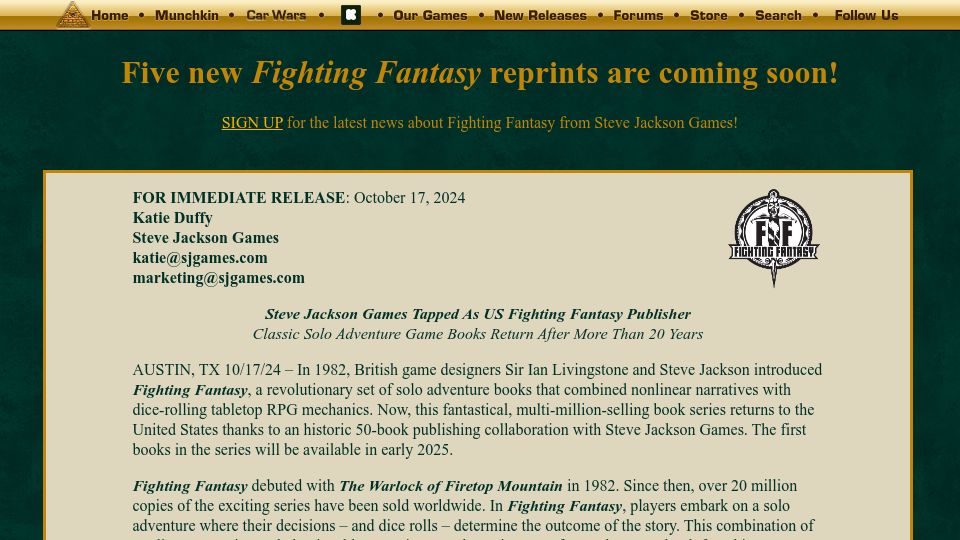 Screenshot of sjgames.com: Steve Jackson Games Is Bringing the Fighting Fantasy Books to the US