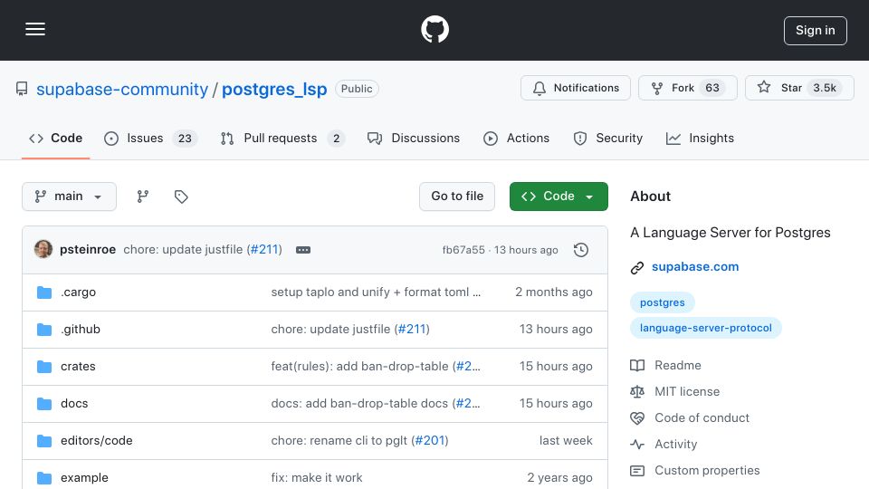 Screenshot of github.com: A Language Server for Postgres