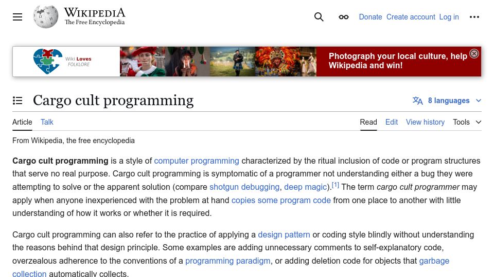 Screenshot of en.wikipedia.org: Cargo Cult Programming