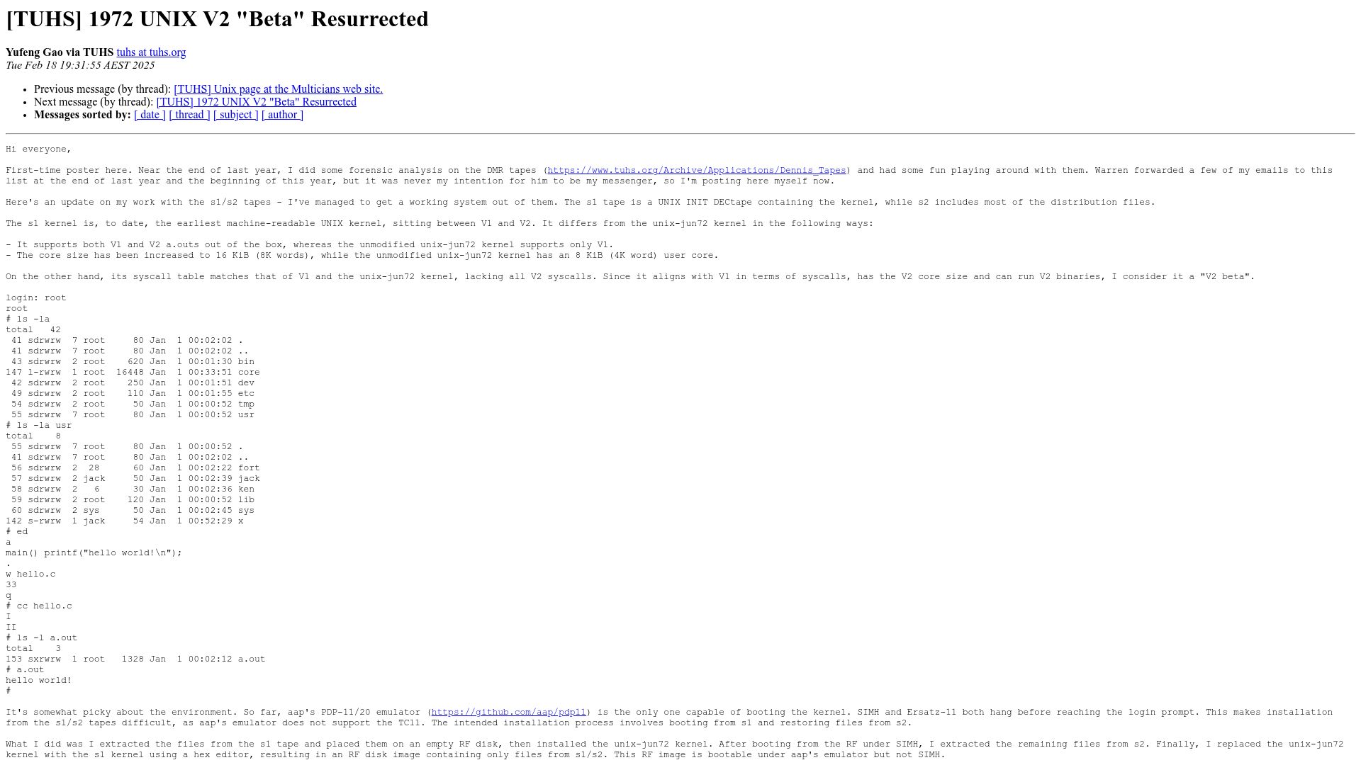 Screenshot of tuhs.org: 1972 Unix V2 "Beta" Resurrected