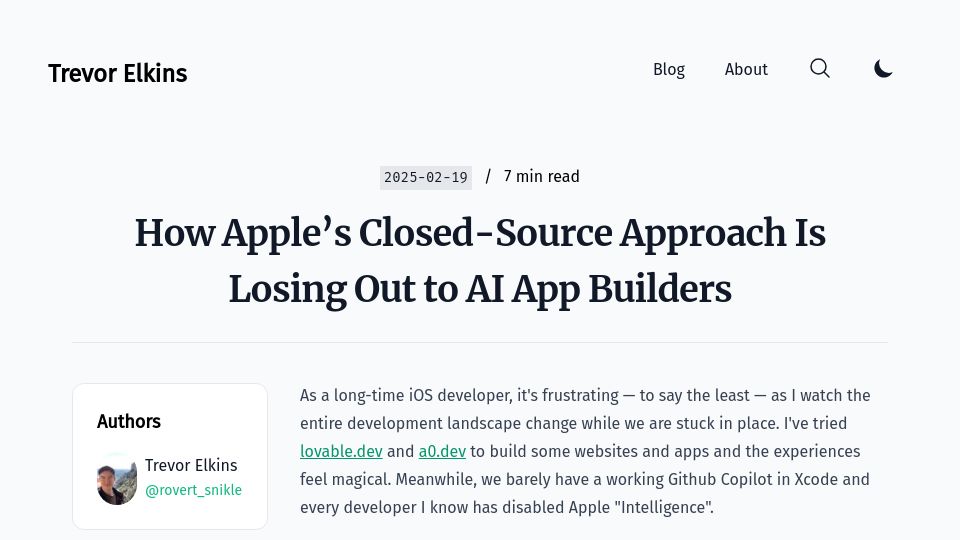 Screenshot of telkins.dev: Apple’s closed-source approach is losing out to AI app builders
