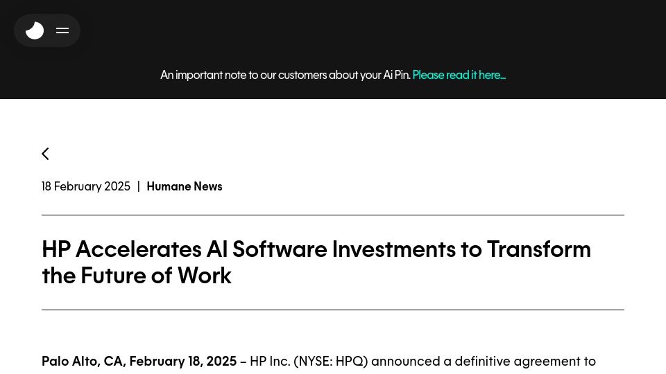 Screenshot of humane.com: HP Acquires Humane's AI Software