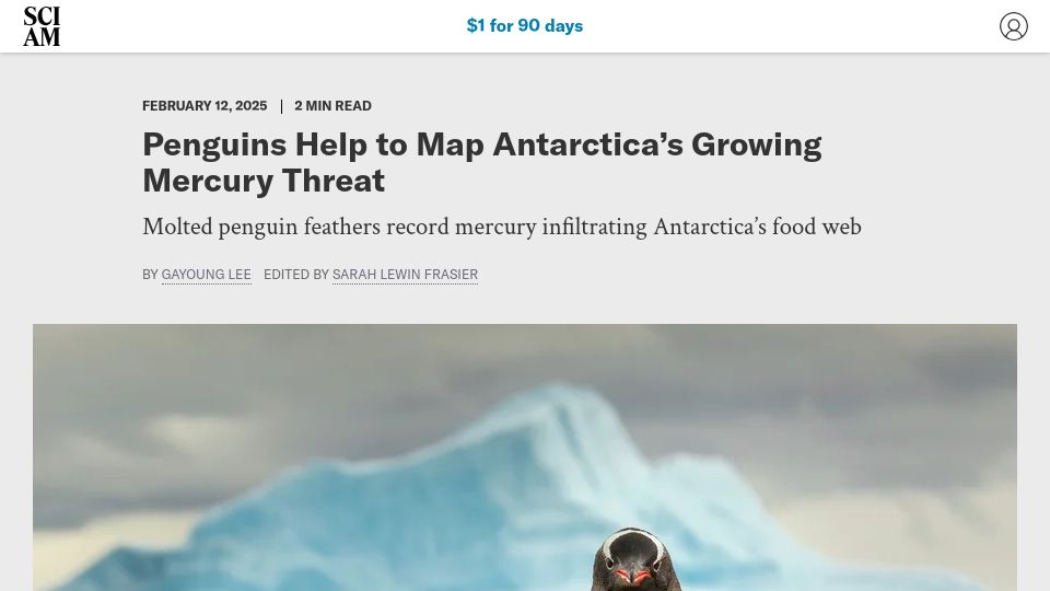 Screenshot of scientificamerican.com: Penguins Help to Map Antarctica's Growing Mercury Threat