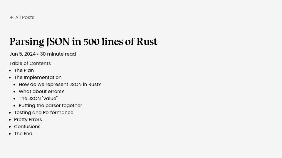 Screenshot of krish.gg: Parsing JSON in 500 lines of Rust
