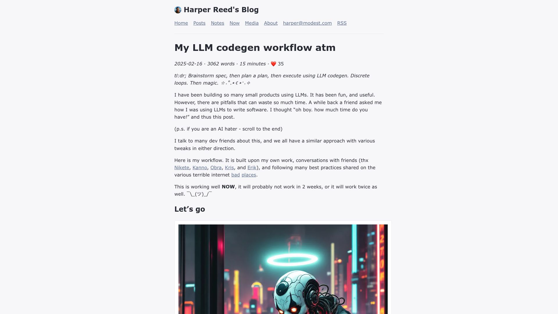 Screenshot of harper.blog: My LLM codegen workflow