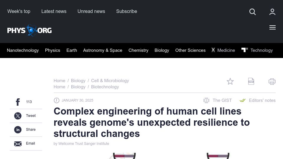Screenshot of phys.org: Engineering of human cells reveals genome's resilience to structural changes