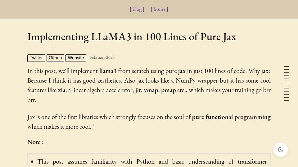 Screenshot of saurabhalone.com: Implementing LLaMA3 in 100 Lines of Pure Jax