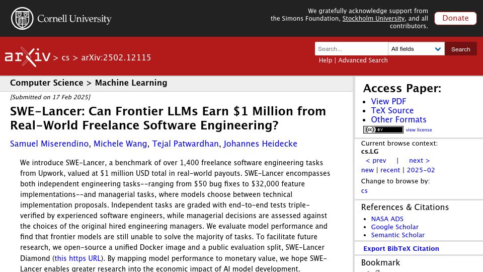 Screenshot of arxiv.org: SWE-Lancer: a benchmark of freelance software engineering tasks from Upwork