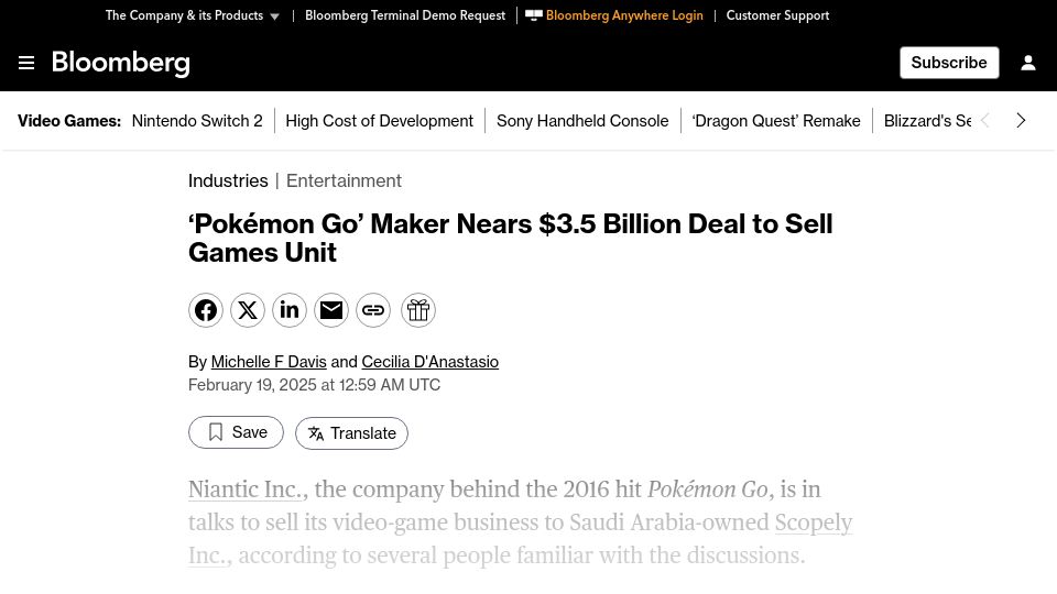 Screenshot of bloomberg.com: 'Pokémon Go' Maker Nears $3.5B Deal to Sell Games Unit