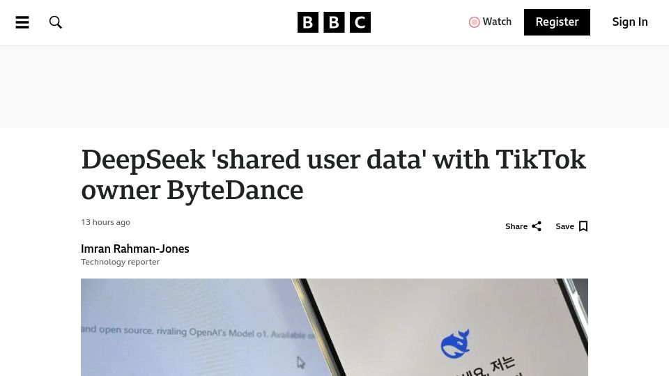Screenshot of bbc.com: South Korean regulator accuses DeepSeek of sharing user data with ByteDance