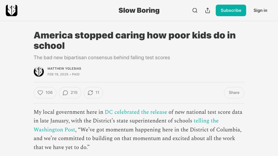 Screenshot of slowboring.com: America stopped caring how poor kids do in school