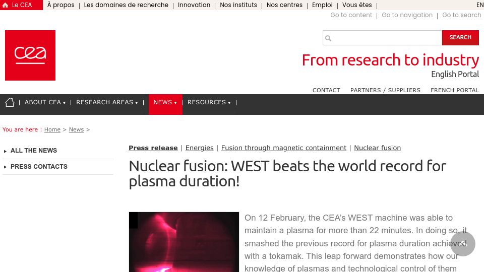 Screenshot of cea.fr: Nuclear fusion: WEST beats the world record for plasma duration