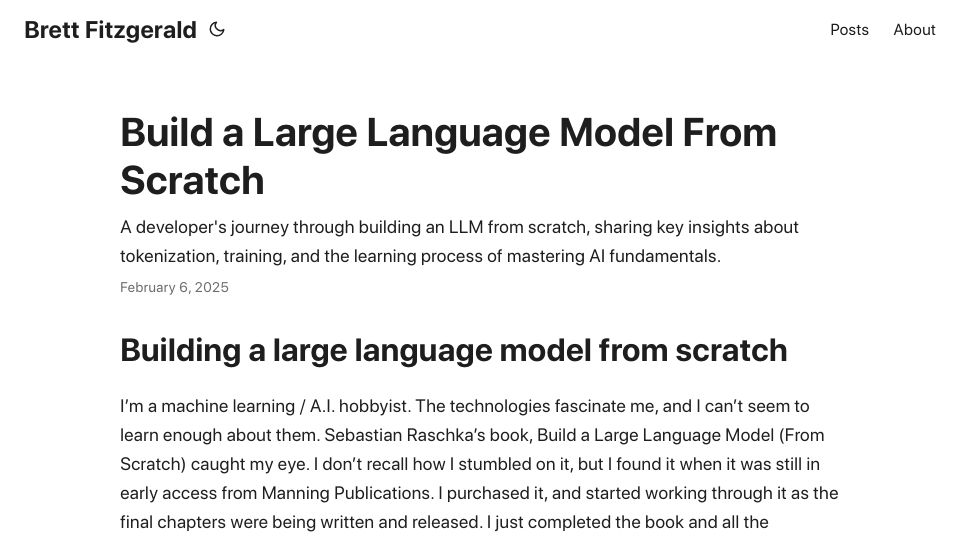 Screenshot of brettgfitzgerald.com: I built a large language model "from scratch"