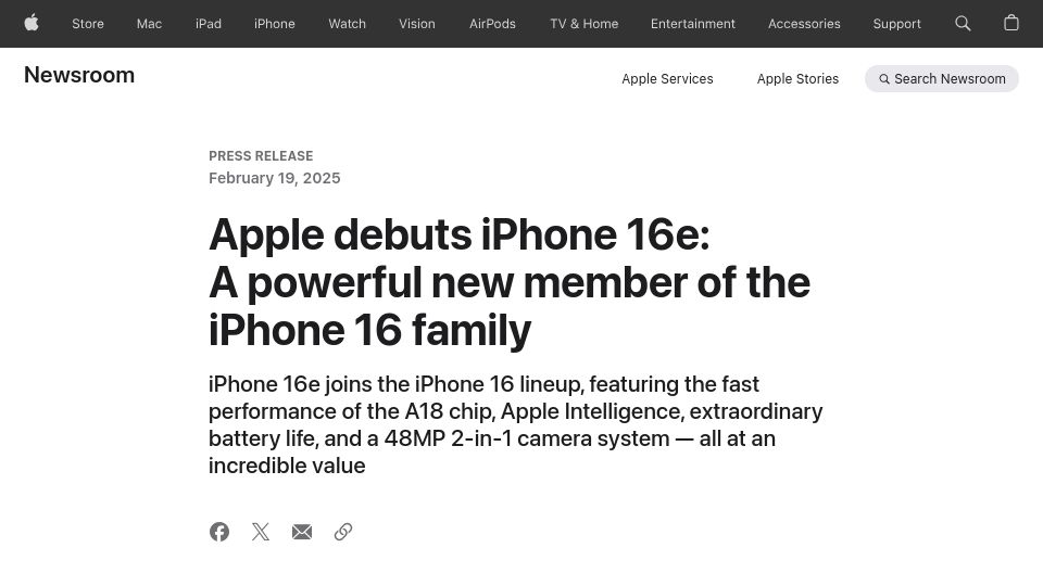 Screenshot of apple.com: Apple Debuts iPhone 16e