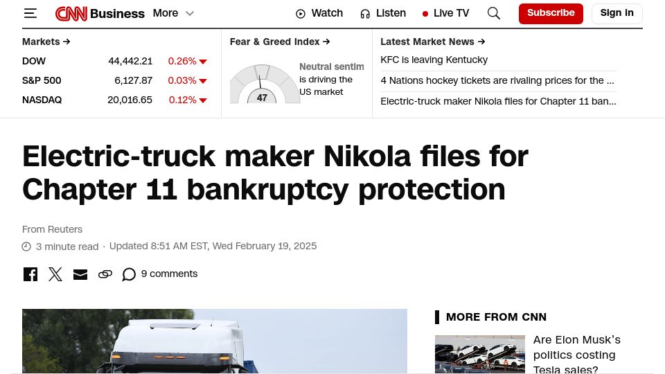Screenshot of cnn.com: Electric-truck maker Nikola files for Chapter 11 bankruptcy protection