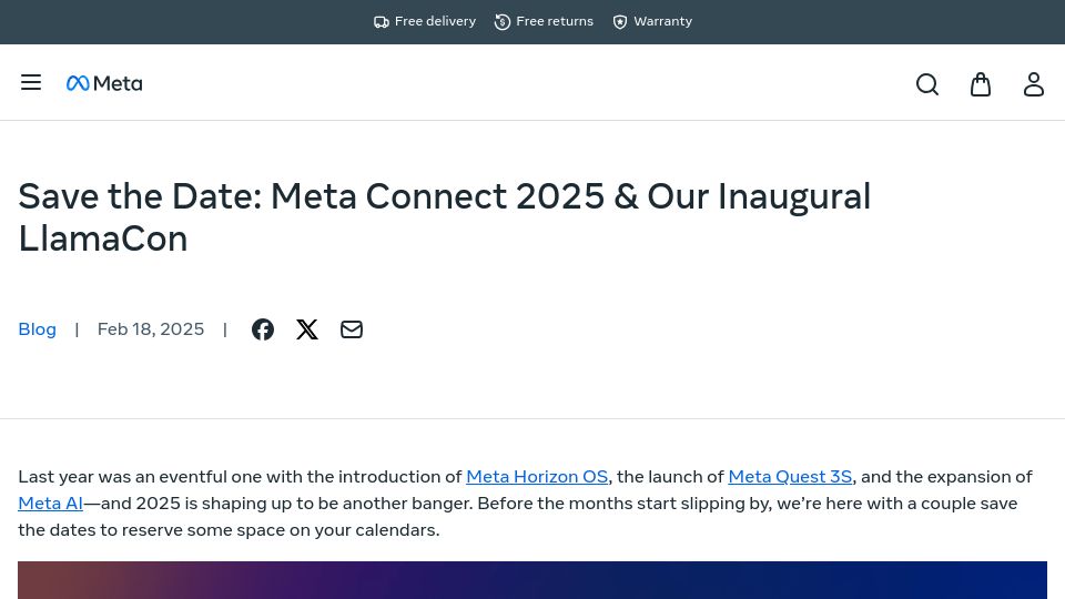Screenshot of meta.com: Meta announces LlamaCon, its first generative AI dev conference on April 29
