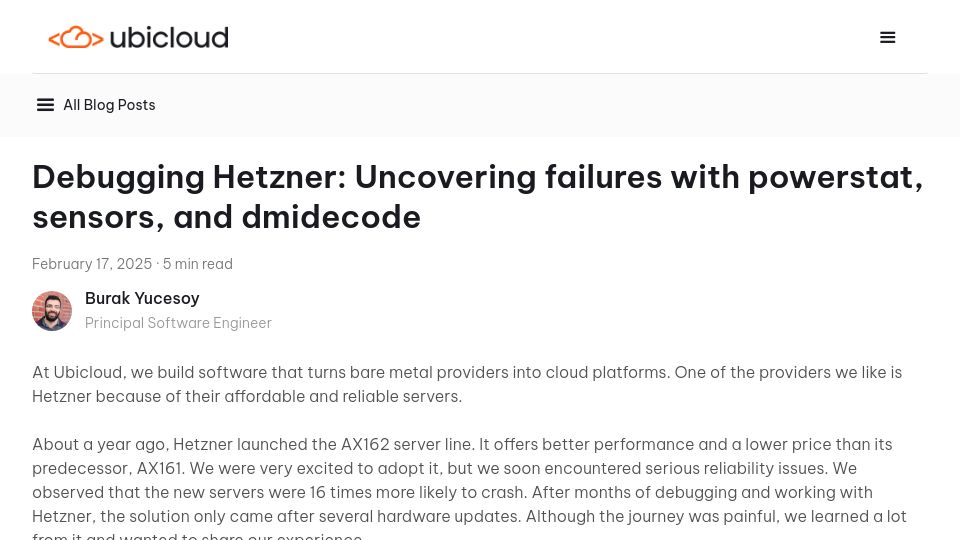 Screenshot of ubicloud.com: Debugging Hetzner: Uncovering failures with powerstat, sensors, and dmidecode