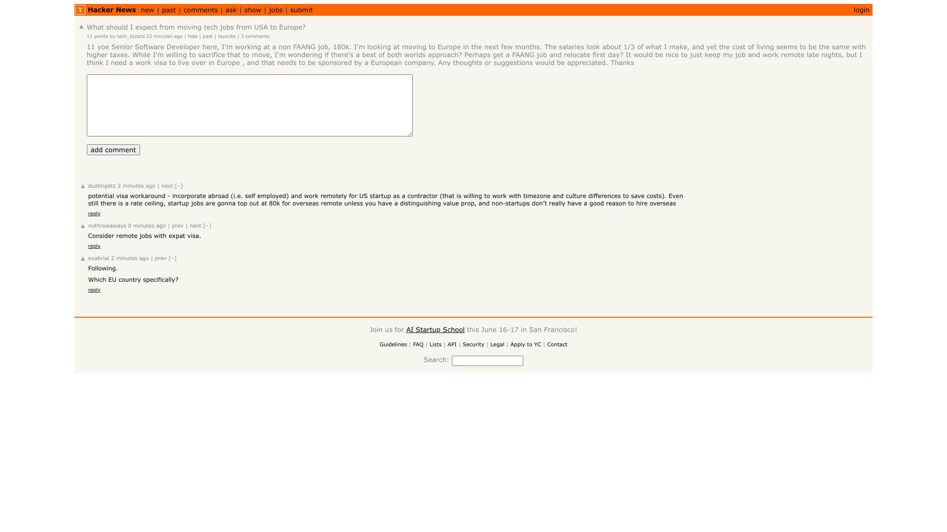 Screenshot of this Hacker News post: What should I expect from moving tech jobs from USA to Europe?