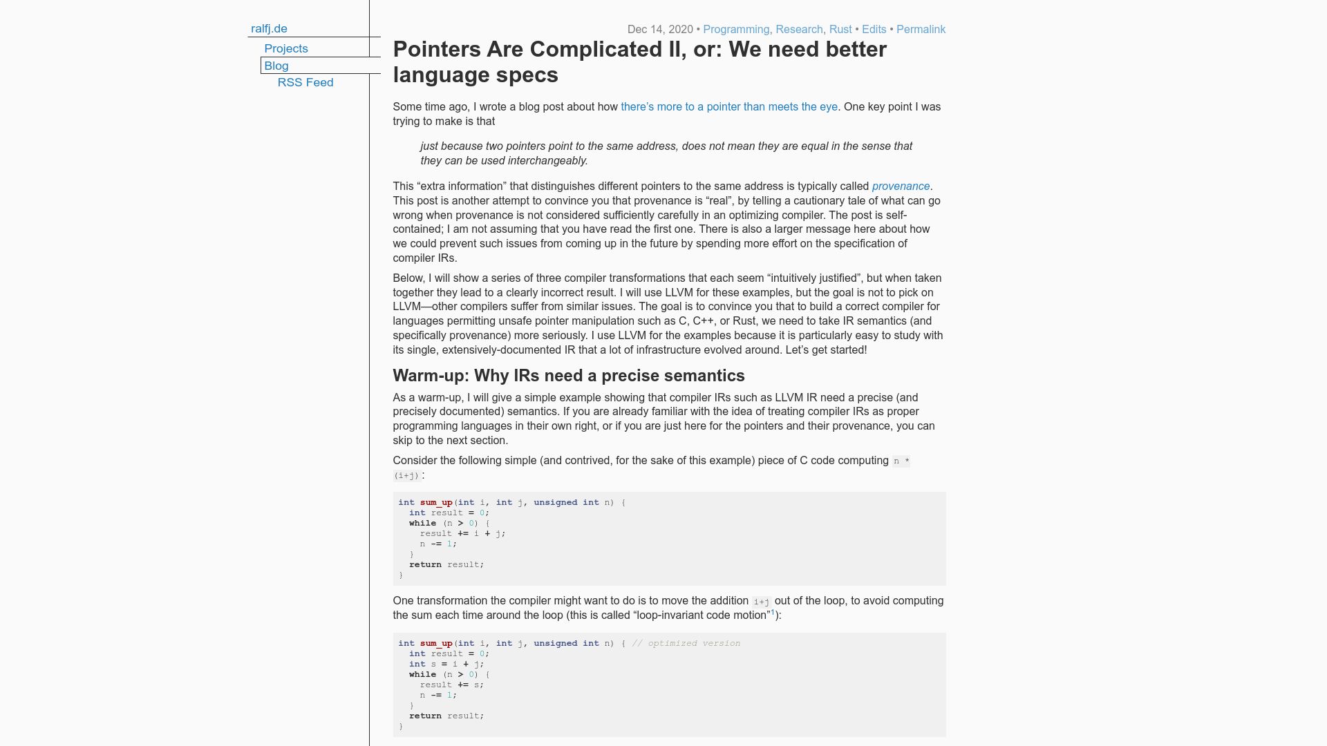 Screenshot of ralfj.de: Pointers Are Complicated II, or: We need better language specs (2020)