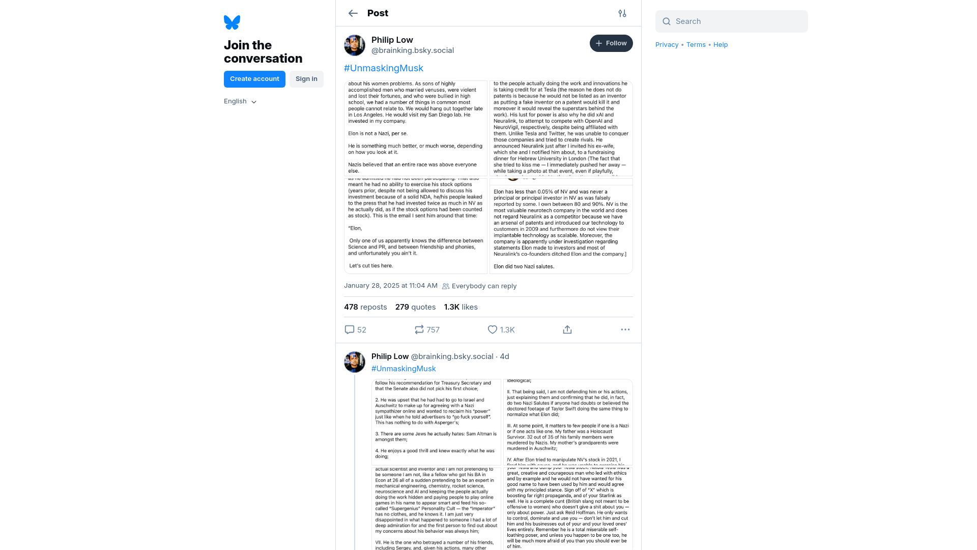 Screenshot of bsky.app: Philip Low Unmasking Musk